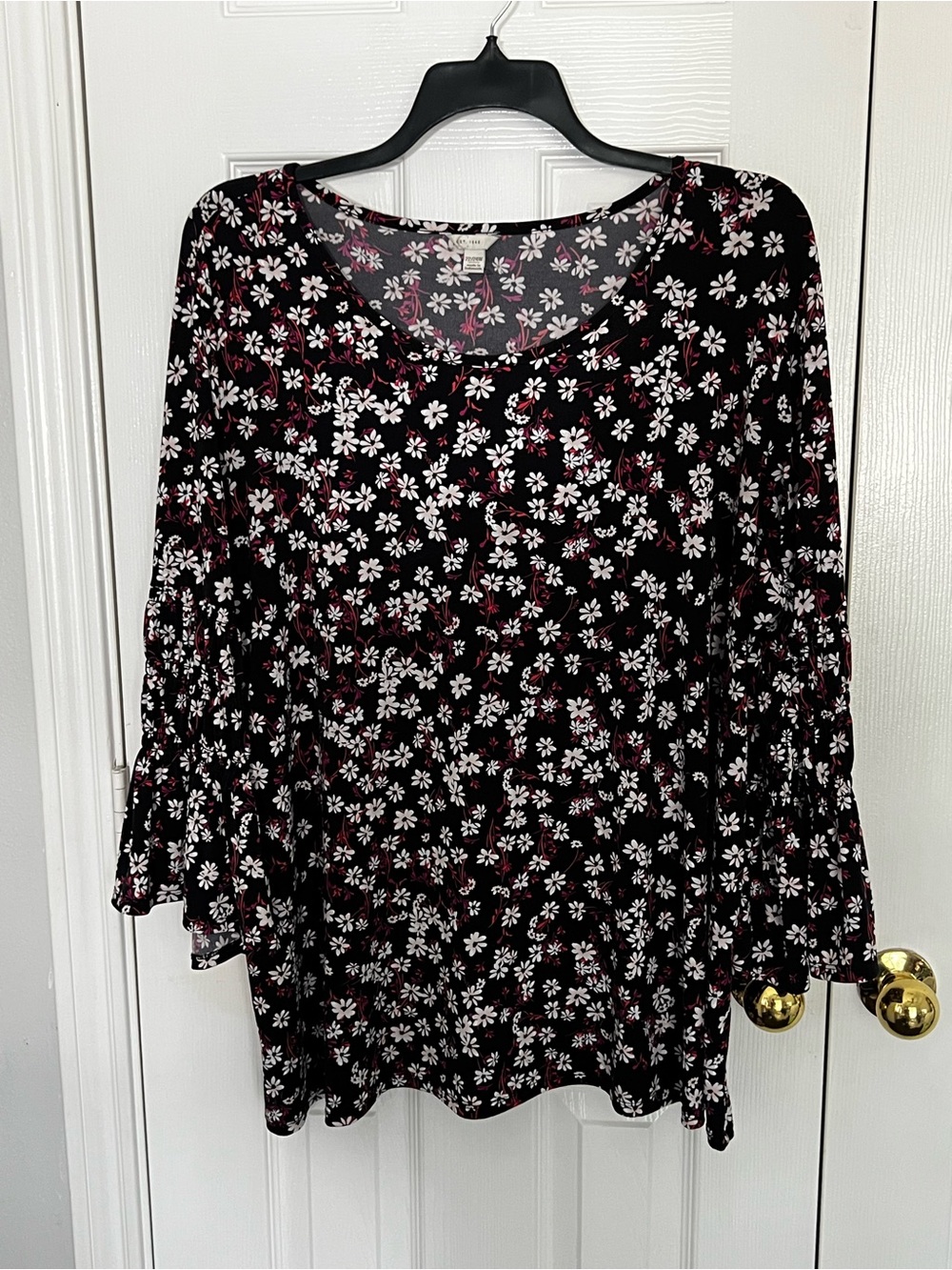 Women's Black Floral Bell-Sleeve Tunic Top with Burgundy Accents